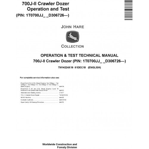 John Deere 700J-II Crawler Dozer Pdf Diagnostic, Operation and Tests Service Manual TM14224X19