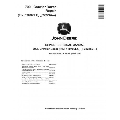 John Deere 700L Crawler Dozers Pdf Technical Repair Service Manual TM14427X019