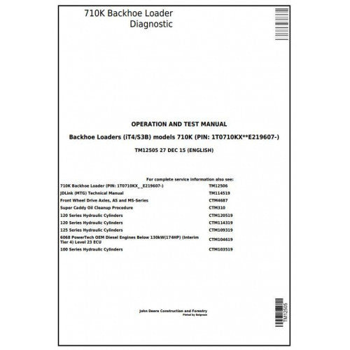 John Deere 710K Backhoe Loader Pdf Diagnostic, Operation and Tests Service Manual TM12505
