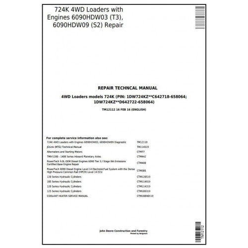 John Deere 724K 4WD Loader Pdf Technical Repair Service Manual TM12112