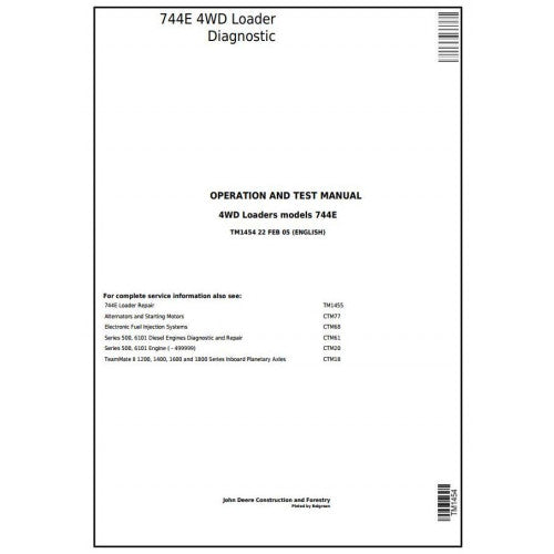 John Deere 744E 4WD Loader Pdf Diagnostic, Operation and Tests Service Manual TM1454