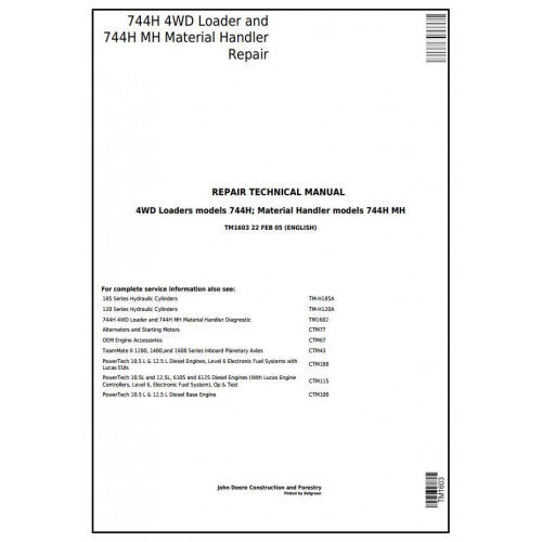 John Deere 744H 4WD Loader and 744H MH Material Handler Pdf Technical Repair Service Manual TM1603