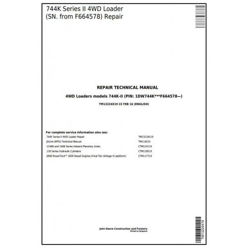John Deere 744K Series II 4WD Loader Pdf Technical Repair Service Manual TM13224X19