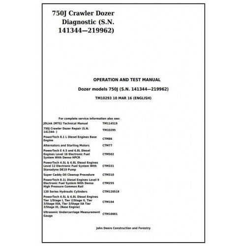 John Deere 750J Crawler Dozer Pdf Diagnostic and Test Service Manual TM10293