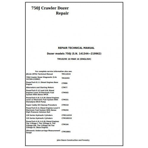 John Deere 750J Crawler Dozer Pdf Technical Repair Service Manual TM10295