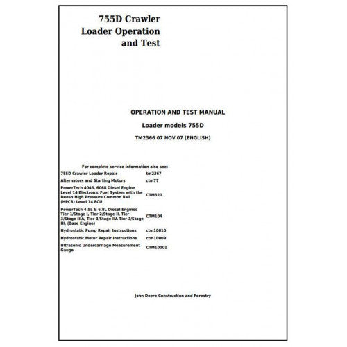 John Deere 755D Crawler Loader Pdf Diagnostic, Operation and Tests Service Manual TM2366