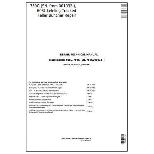John Deere 759G, 608L Tracked Feller Buncher Pdf Technical Repair Service Manual TM2219