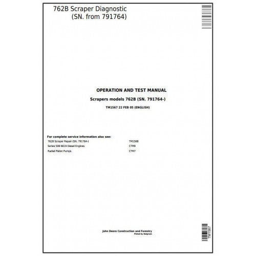 John Deere 762B Scraper Pdf Diagnostic, Operation and Tests Service Manual TM1567