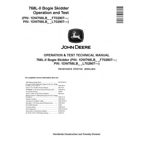John Deere 768L-II Bogie Skidder Pdf Diagnostic, Operation and Technical Repair Manual TM14515X019