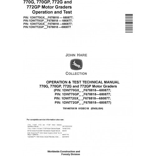 John Deere 770G, 770GP, 772G, 772GP Motor Graders Pdf Diagnostic Technical Service Manual TM14070X19