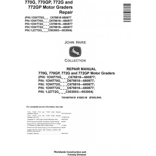 John Deere 770G, 770GP, 772G, 772GP Motor Graders Pdf Technical Repair Service Manual TM14079X19