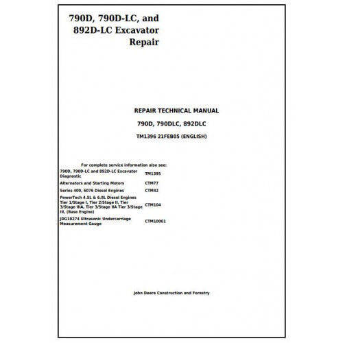 John Deere 790D, 790D-LC, and 892D-LC Excavator Pdf Technical Repair Service Manual TM1396