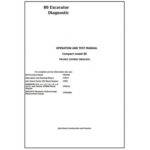 John Deere 80 Midi Excavator Pdf Diagnostic, Operation and Tests Service Manual TM1655