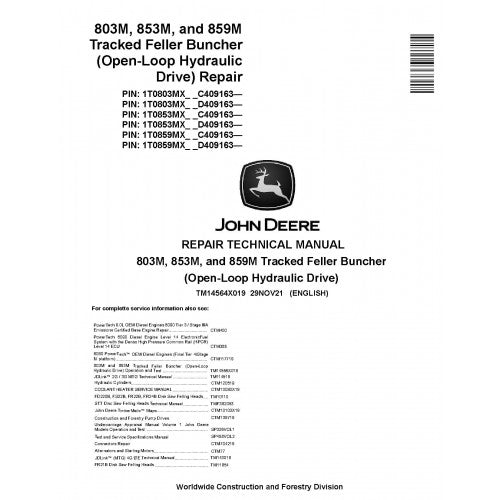 John Deere 803M, 853M and 859M Tracked Feller Buncher Pdf Technical Repair Service Manual TM14564X019