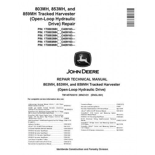 John Deere 803MH, 853MH and 859MH Tracked Harvester Pdf Technical Repair Service Manual TM14576X019