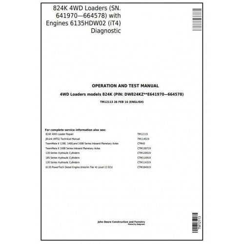 John Deere 824K 4WD Loader Pdf Diagnostic, Operation and Tests Service Manual TM12113