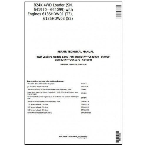 John Deere 824K 4WD Loader Pdf Technical Repair Service Manual TM12116