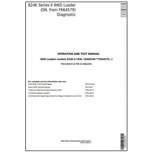 John Deere 824K Series II Loader Pdf Diagnostic, Operation and Tests Service Manual TM13220X19