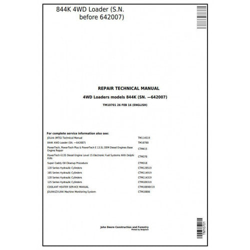 John Deere 844K 4WD Loader Pdf Technical Repair Service Manual TM10701