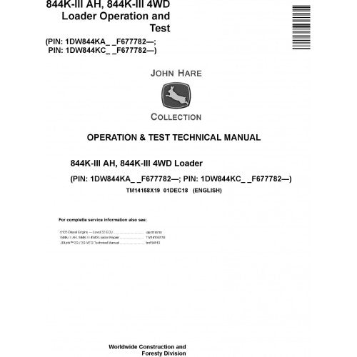John Deere 844K III AH, 844K III 4WD Loader Pdf Diagnostic, Operation and Tests Service Manual TM14158X19