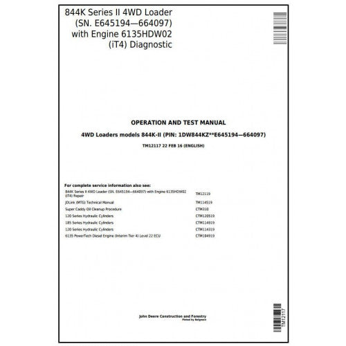 John Deere 844K Series II 4WD Loader Pdf Diagnostic, Operation and Tests Service Manual TM12117