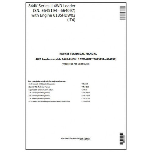 John Deere 844K Series II 4WD Loader Pdf Technical Repair Service Manual TM12119