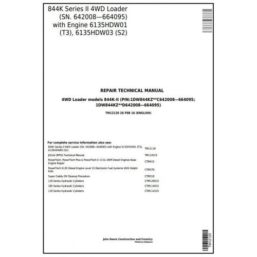 John Deere 844K Series II 4WD Loader Pdf Technical Repair Service Manual TM12120