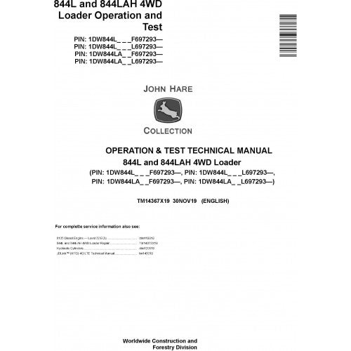 John Deere 844L and 844LAH 4WD Loader Pdf Diagnostic, Operation and Tests Service Manual TM14367X19