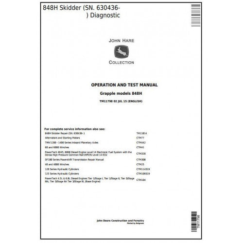 John Deere 848H Grapple Skidder Pdf Diagnostic, Operation and Tests Service Manual TM11798