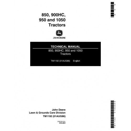 John Deere 850, 950, 900HC, 1050 Utility Tractor Pdf Technical Service Manual TM1192