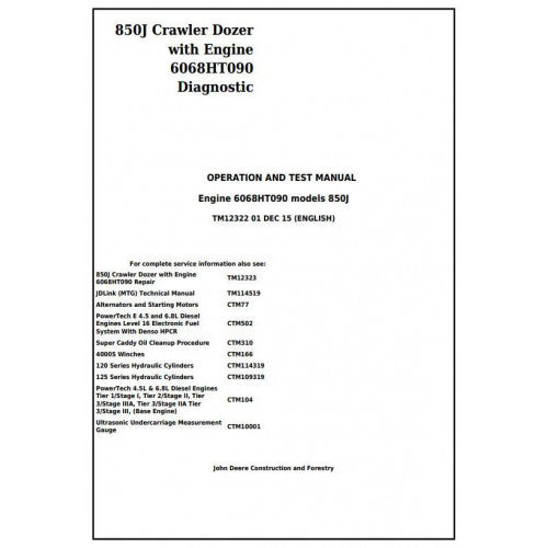 John Deere 850J Crawler Dozer Pdf Diagnostic, Operation and Tests Service Manual TM12322