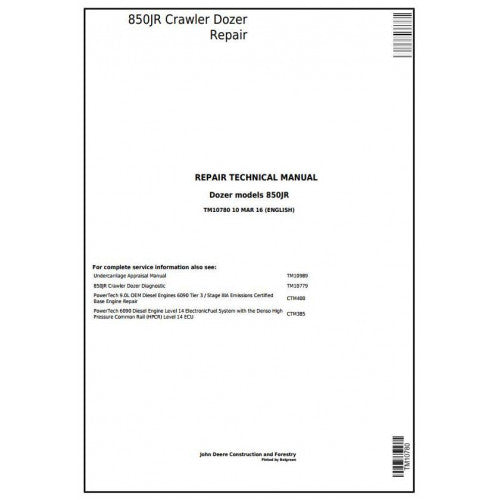 John Deere 850JR Crawler Dozer Pdf Technical Repair Service Manual TM10780