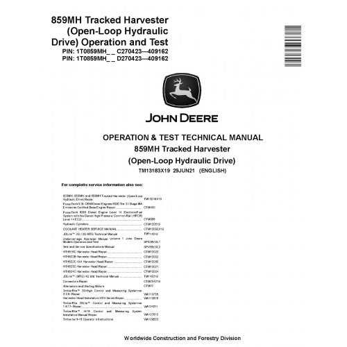 John Deere 859MH Tracked Harvester Pdf Diagnostic, Operation and Technical Repair Manual TM13183X19