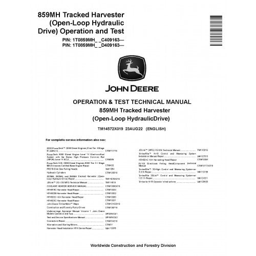 John Deere 859MH Tracked Harvester Pdf Diagnostic, Operation and Technical Repair Manual TM14572X019