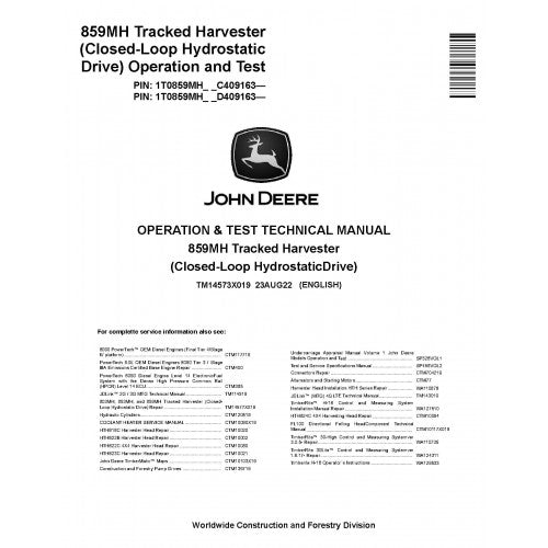 John Deere 859MH Tracked Harvester Pdf Diagnostic, Operation and Technical Repair Manual TM14573X019