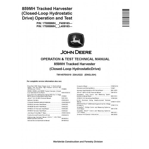 John Deere 859MH Tracked Harvester Pdf Diagnostic, Operation and Technical Repair Manual TM14575X019