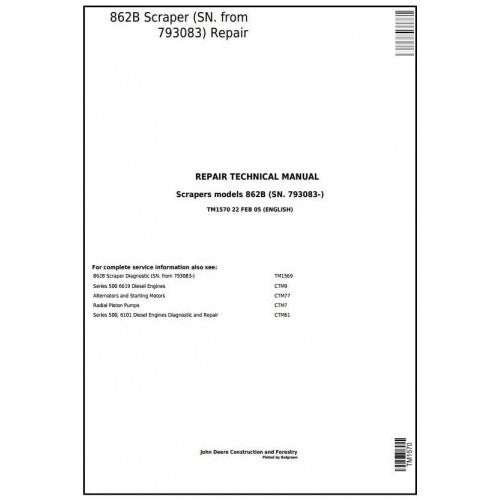 John Deere 862B Scraper Pdf Technical Repair Service Manual TM1570