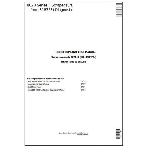 John Deere 862B Series II Scraper Pdf Diagnostic, Operation and Tests Service Manual TM1724