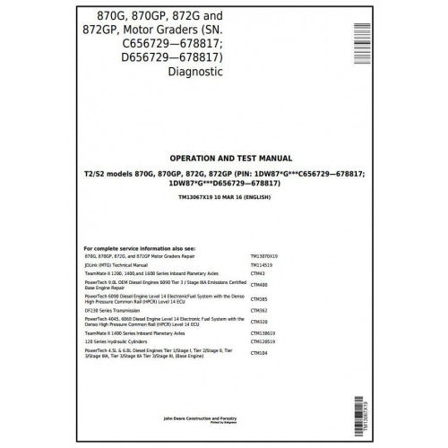 John Deere 870G, 870GP, 872G, 872GP Motor Grader Pdf Diagnostic, Operation and Tests Service Manual TM13067X19