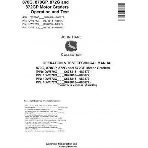 John Deere 870G, 870GP, 872G, 872GP Motor Graders Pdf Diagnostic Technical Service Manual TM14077X19