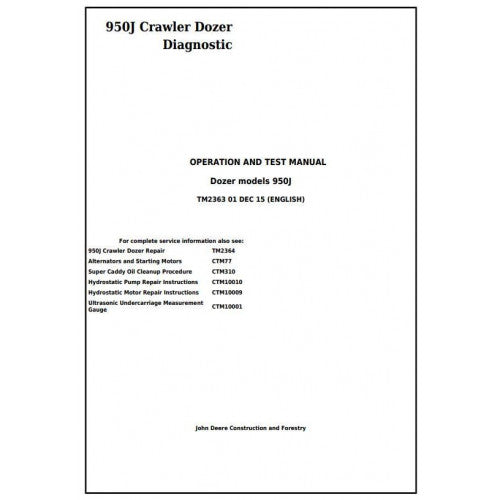 John Deere 950J Crawler Dozer Pdf Diagnostic, Operation and Tests Service Manual TM2363