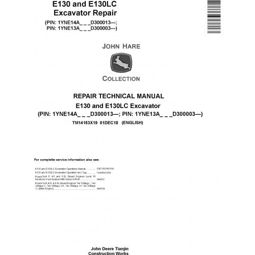 John Deere E130, E130LC Excavator Pdf Technical Repair Service Manual TM14153X19