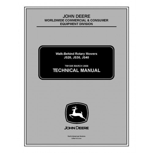 John Deere JS20, JS30 and JS40 Walk-Behind Rotary Mower Pdf Technical Repair Service Manual TM1335