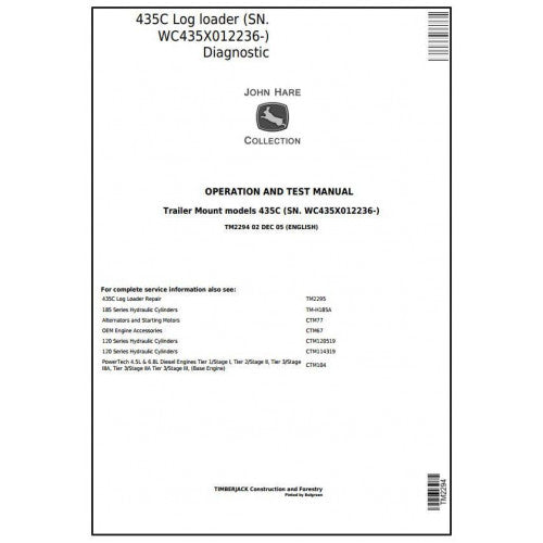 John Deere Timberjack 435C Trailer Mount Log Loader Pdf Diagnostic, Operation and Tests Service Manual TM2294
