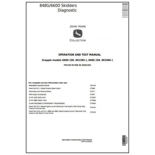 John Deere Timberjack 848G/660D Grapple Skidder Pdf Diagnostic, Operation and Tests Service Manual TM2248
