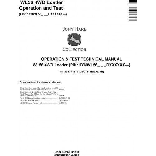 John Deere WL56 4WD Loader Pdf Diagnostic, Operation and Tests Service Manual TM14283X19