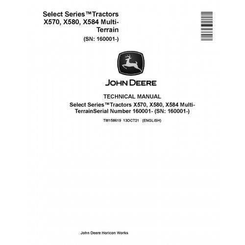 John Deere X570, X580 and X584 Select Series Tractor Pdf Technical Repair Service Manual TM158619