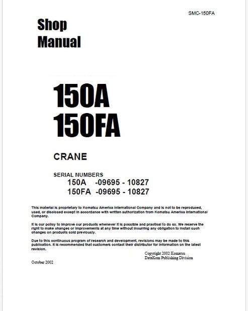 Komatsu 150A, 150FA Mobile Crane Pdf Repair and Service Manual Sn 09695 - 10827