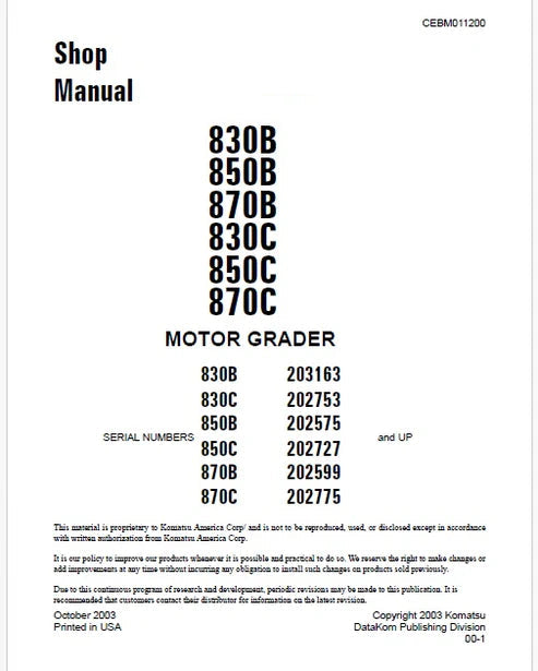 Komatsu 870C Motor Grader Pdf Repair and Service Manual Sn 202775 and UP