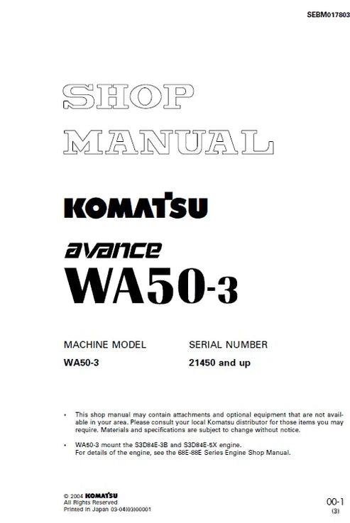Komatsu Avance WA50-3 Wheel Loader Pdf Repair and Service Manual